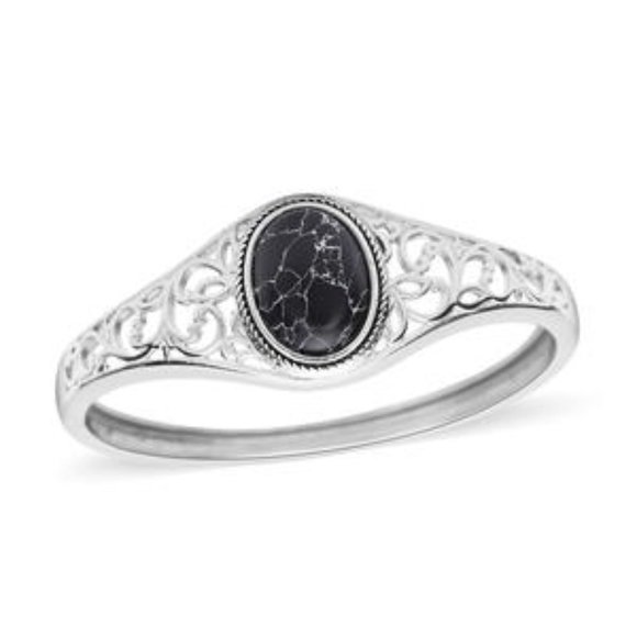 Black Howlite (Oval 19x14 mm) Bangle Bracelet in Stainless Steel (7.00 In) - Picture 1 of 4